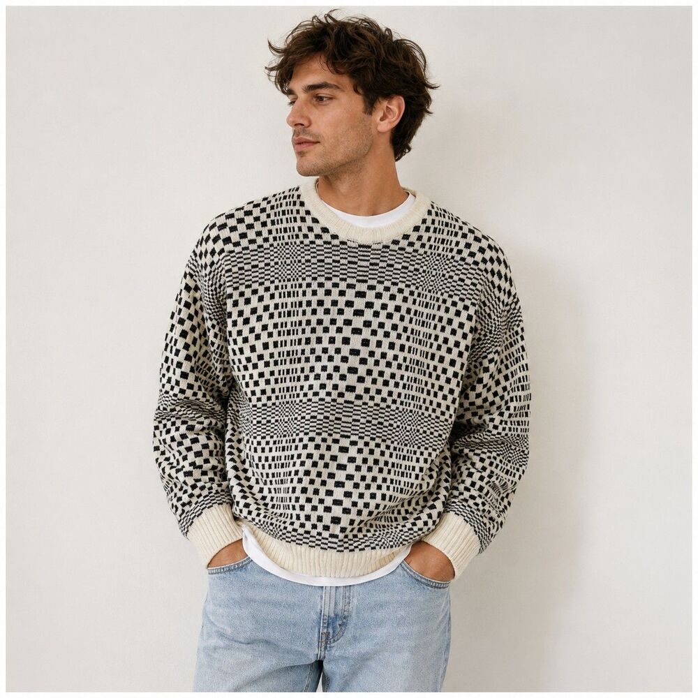 Vintage 90s Expressions Sweater L Black Ivory Geometric Optical Knit Crewneck